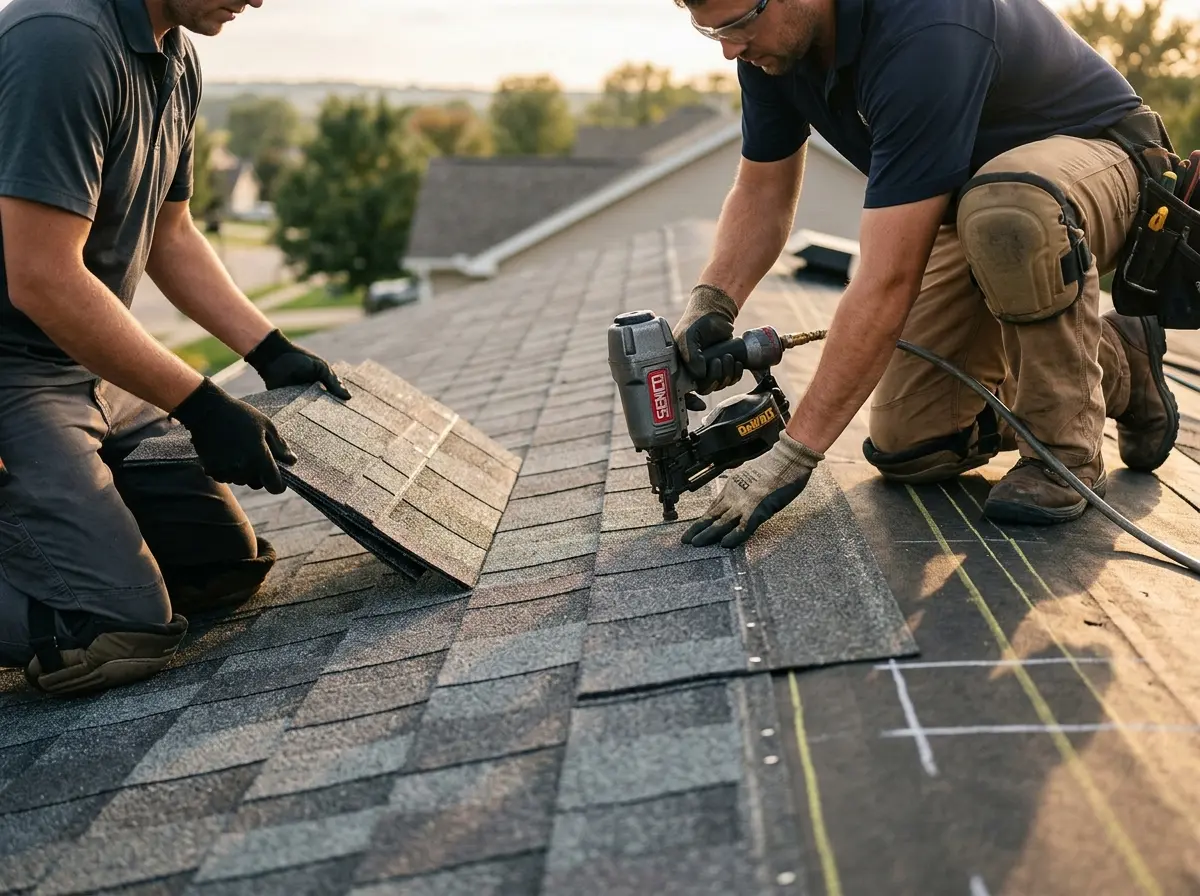 Professional roofer working on a residential roof in Montgomery Village